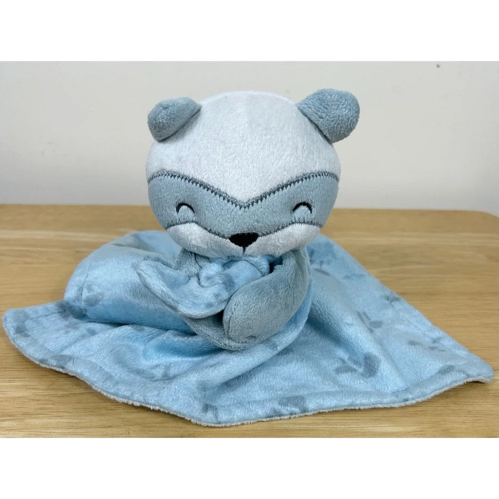 Blue Fox Lovey Raccoon Security Blanket Baby Blue Mushroom Print Modern Moments